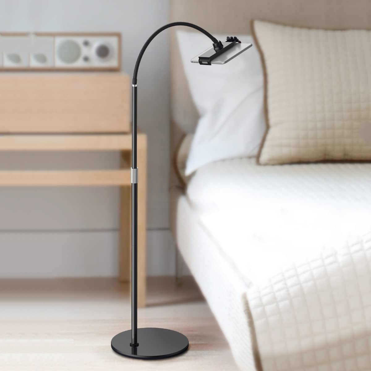 GENYS Supporto da Pavimento per Telefono Porta Tablet da Tavolo con Braccio Lungo Girevole a 360 Gradi Telefono e Tablet compatibili da 9-20 cm, Morsetto per Telefono esteso