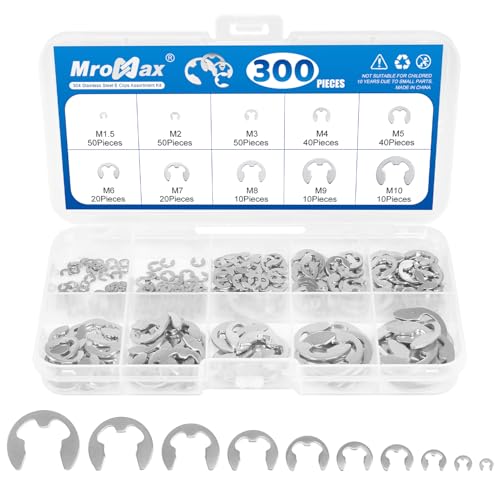 MroMax 300Pcs Stainless Steel E-Clip Assortment Kit, 10 Sizes M1.5 - M10