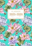 Planner May 2025-2026 April: A4 Weekly and Monthly Organizer | Beautiful Lotus Flower Leaf Design Turquoise