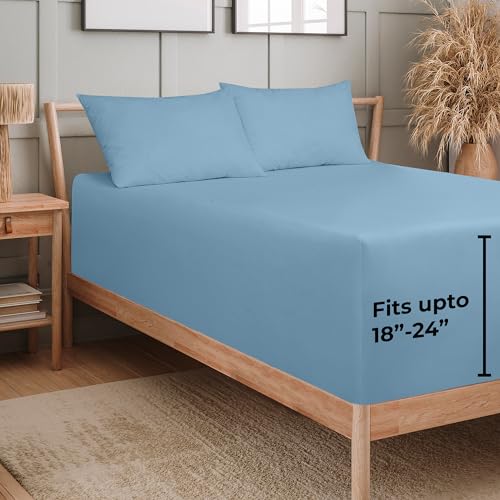 Image of Royale Linens Extra Deep Pocket Twin Fitted Sheet Only - Twin Size Deep Pocket Lake Blue Fitted Sheet - Fits 18 to 24 inch Thick Mattress - Soft & Breathable Elastic Sheets (39x75 Inches, Lake Blue)