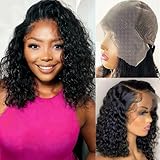 Nakkia 13x6 Bob Wig Deep Wave Lace Front Wigs Human Hair 13x6 Lace Frontal Wigs 180% Density Curly Bob Wig Human Hair Pre Plucked Deep Wave Wig for Black Women Natural Black 12 Inch
