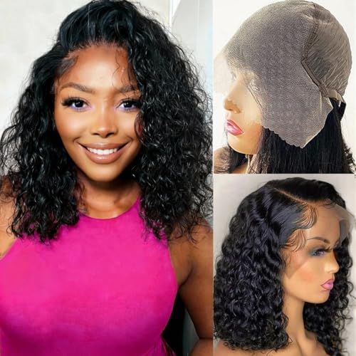 Nakkia 13x6 Bob Wig Deep Wave Lace Front Wigs Human Hair 13x6 Lace Frontal Wigs 180% Density Curly Bob Wig Human Hair Pre Plucked Deep Wave Wig for Black Women Natural Black 12 Inch