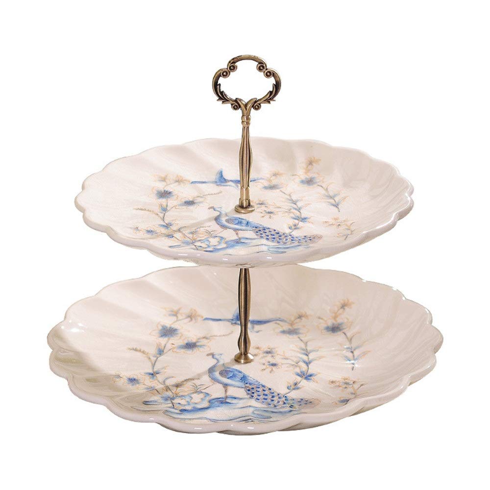 Soporte de cerámica para Tartas de 2 Niveles, con diseño de Flores, para Bodas, Frutas, Cupcakes, postres, Frutas, Buffet (Color: Azul, tamaño: 25 x 31 cm) (Naranja: 25 x 31 cm)