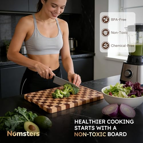 Image of Cutting Boards for Kitchen Checkered Cutting Board 24in Acacia Wood Charcuterie Board Serving Heavy Duty Non Toxic Slip Over Sink Butcher Block Wood Chopping Board with Juice Grooves Handles