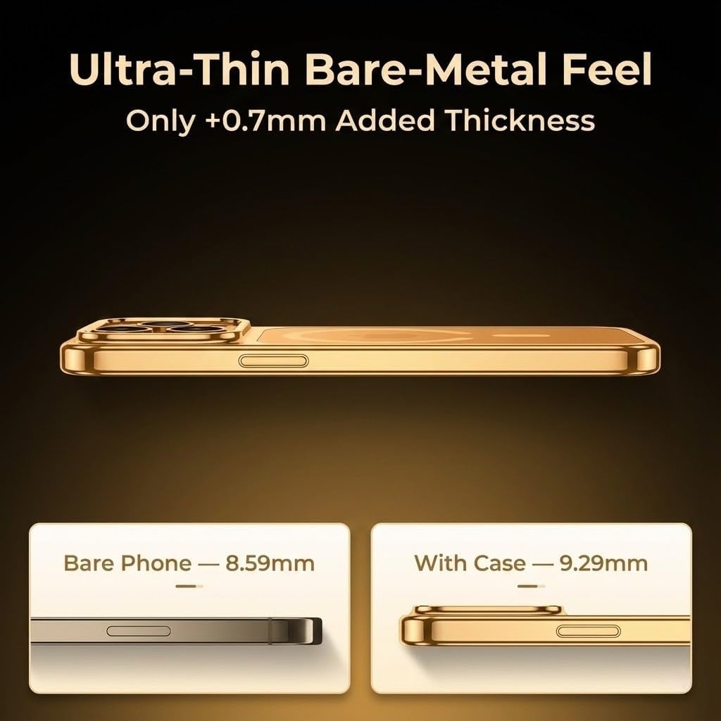 Magnetic Clear Case for iPhone 17 Pro/17 Pro Max, Slim Crystal Back with Plated Gloss Frame, N52 Ring Compatible with MagSafe, Metal Lens Guard, Lightweight Impact-Resistant Bumper(Orange,17 Pro)