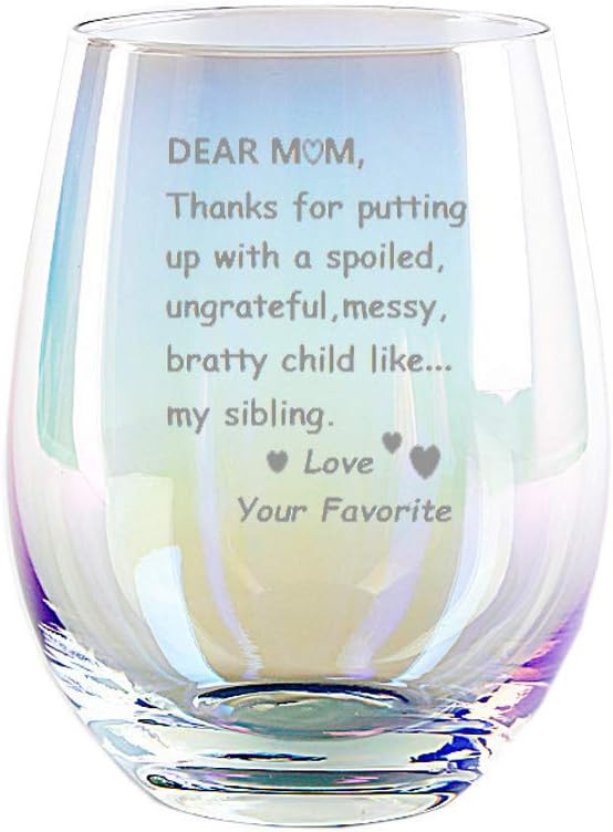 Valentines Day Gifts for Mom from Son, Your Favorite Child Funny Handmade Etched Rainbow Wine Glass 18 Ounces - Image 4