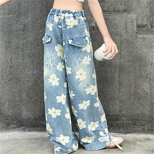 Girls Cute Flower Print Denim Pants High Waist Baggy Wide Leg Wash Jeans Children Street Active Denim Trousers4