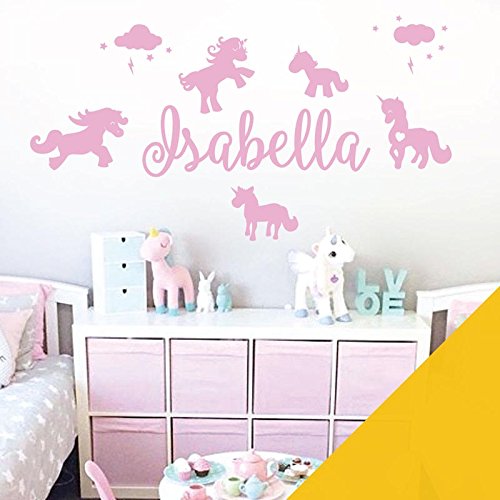 Unicorns, Stars & Clouds - Personalised Name Girls Wall Art Sticker [Large] [Sunflower]