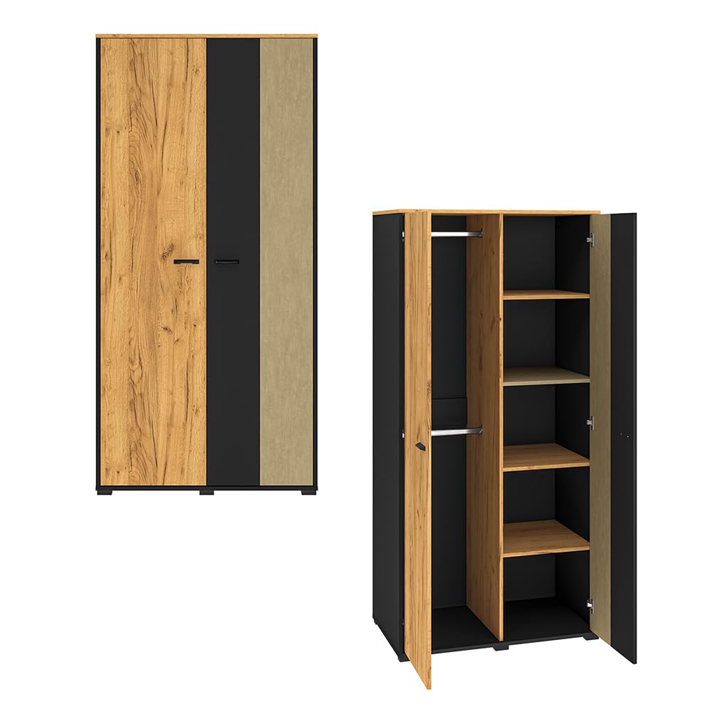 Lomadox Jugendzimmer Set 5-teilig mit Schreibtisch, Kleiderschrank, Regal, Sideboard, Wandboard in Eiche schwarz Sandfarben modern
