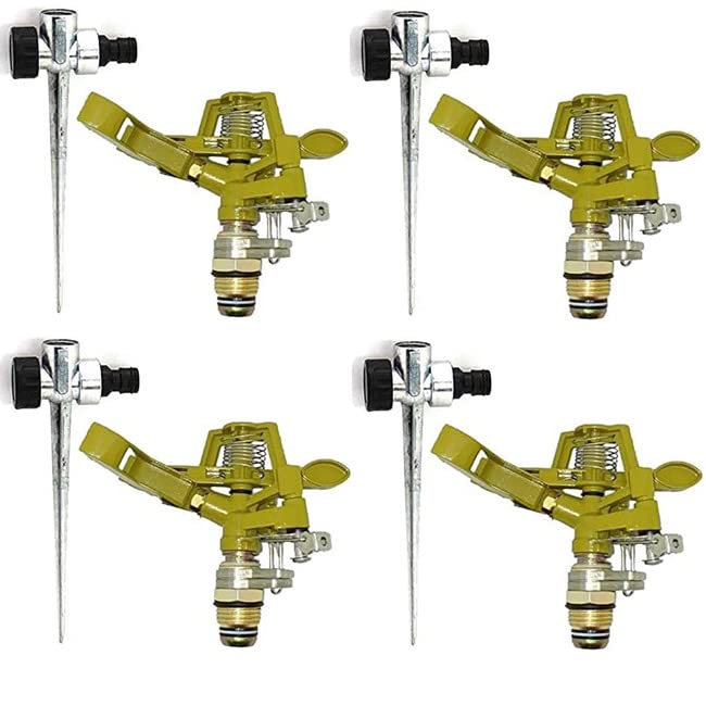 Suinga Pack 4 Aspersores Sectoriales Metálicos Regulables con Soporte | Toma 1/2" | Zinc y Latón | Riego Jardín, Césped, Dorado