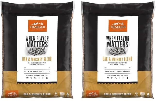 Traeger Grills Oak & Whiskey Blend 100% All-Natural Wood Pellets for Smokers and Pellet Grills, BBQ, Bake, Roast, and Grill, 18 lb. Bag (Pack of 2)