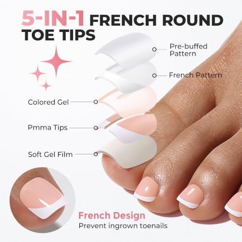 Image of UNA GELLA Nude French Press On Toenails for Women, 180Pcs Square Round Toe Nail Press Ons, 15 Sizes Full Cover Fake Squavol Soft Gel Toenails Extension Acrylic for Home DIY Salon Pedicure