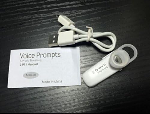 Contents of the headset package including the white headset, charging cable, and user manual.