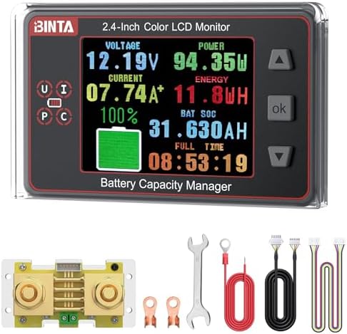 BINTA 500A Shunt Battery Monitor 8-100V 2.4 Inch Color Screen for Lifepo4 Lithium Sealed Gel Flooded Batteries, Backlight Waterproof Battery Monitor with Sliding Cover for Car RV Golf Cart Solar Panel
