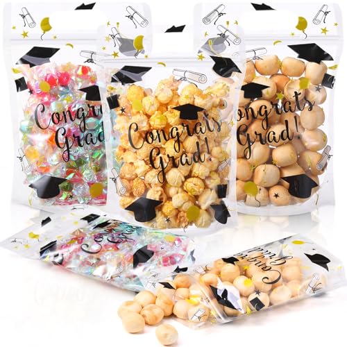 Teenyyou 60 Pcs Graduation Party Favor Bags Plastic Grad Zip Bags with Handles Black and Gold Congrats Grad Candy Treat Goodie Cookie Gifts Holders for Graduation Party Supplies