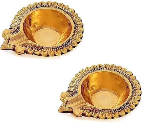 SATVIK - Set of 2 - Pure Brass Lakshmi Diya Oil Lamp Traditional Pooja Diya for Home Temple Festival Decor Durable Brass Diya for Daily Use and Gifting