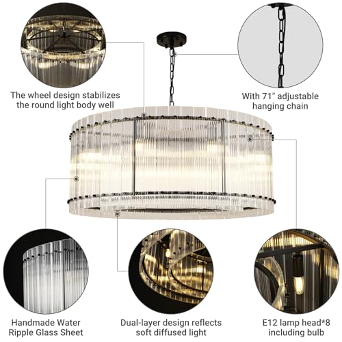 Image of 37 inch Modern Black Round Chandeliers,2-Tier 8-Light Water Ripple Crystal Glass Chandelier,for Dining Room,Living Room,Bedroom,High Ceiling,Foyer Entryway,Luxury Adjustable Hanging Chandelier
