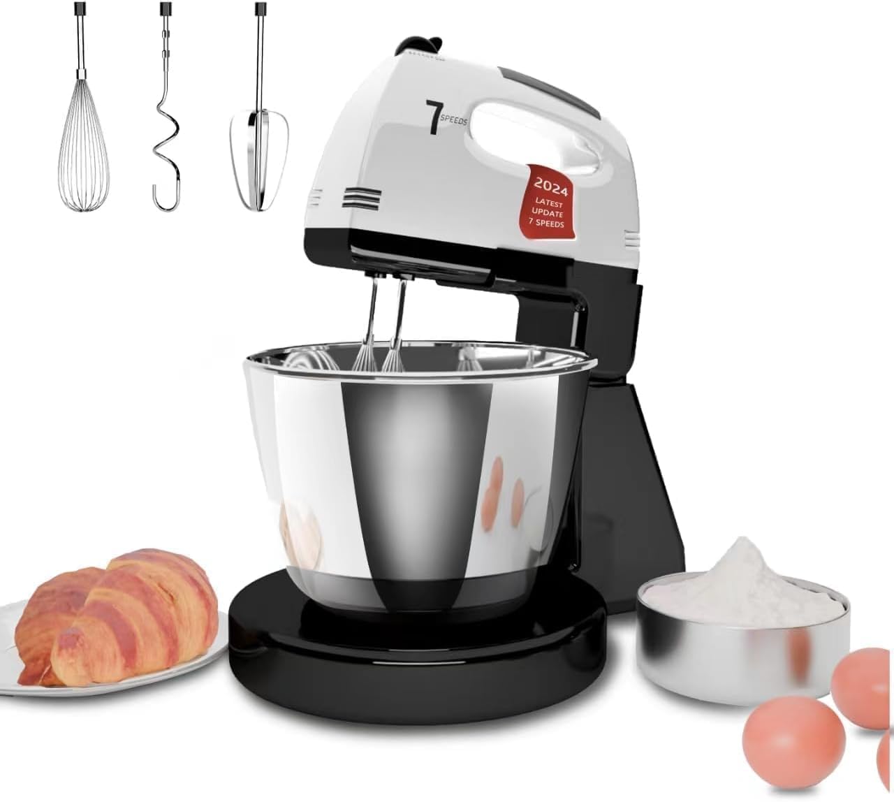 Batidoras de pie, 7 velocidades con cuenco de acero inoxidable de 3 cuartos de galón, batidora de mano con gancho de masa, batidor, batidor de mezcla para hornear, pasteles, galletas, amasar (plata)