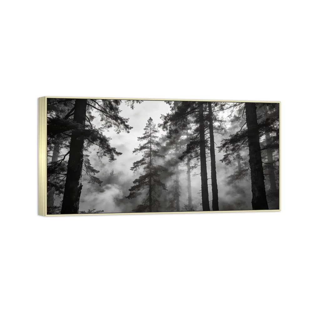 Forest Tree 4 Black White Landscape Canvas Picture 60x120cm Silver Frame