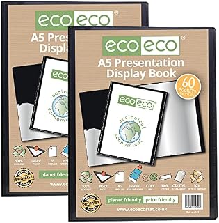 eco-eco A5 Size 50% Recycled 60 Pocket Black Presentation Display Book, Storage Case Portfolio Art Folder with Plastic Sleeves, eco019x2, (Pack of 2 Books)