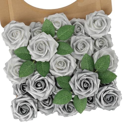 Artificial Flowers Real Touch Fake Foam Roses with Stems Decorations,25Pcs