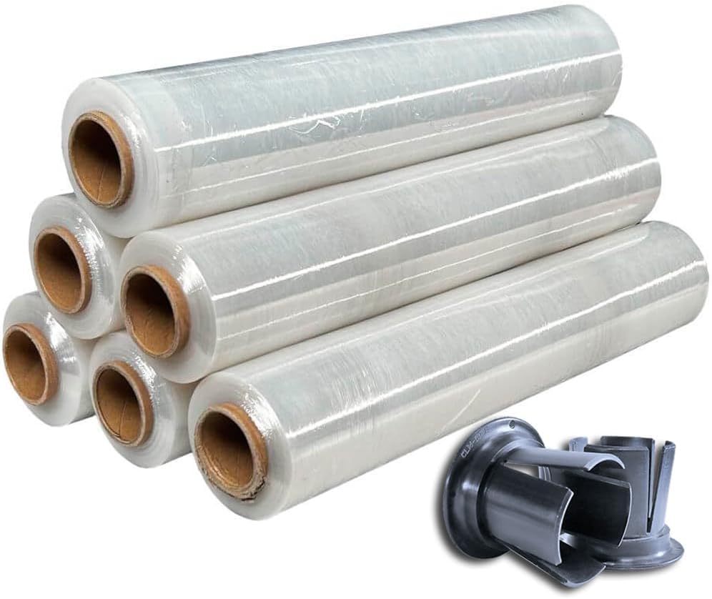 GMS 6 Rollo de Film Estirable para Embalaje - Film Transparente de Alta Resistencia para Protección y Seguridad de Envíos y Almacenaje (Transparente, 6 Rollo + 2Tacos)