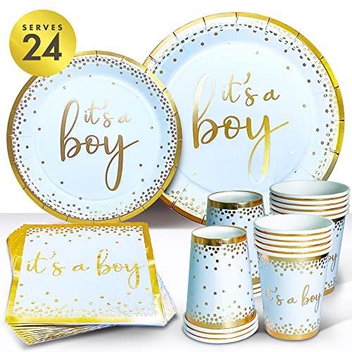 Sweet Baby Co Oh Baby Boy Shower Plates and Napkins Boy Decorations for 24 with Its a Boy Paper Plate Napkin Cups Babyshower