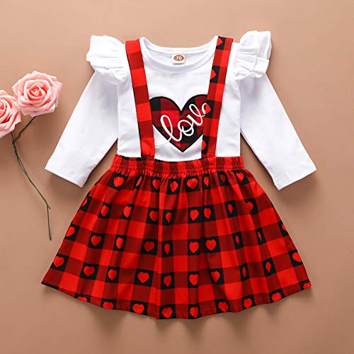 Mulmagni 3m-3Y Conjunto de saia xadrez de manga comprida com estampa de amor, Vermelho, 110