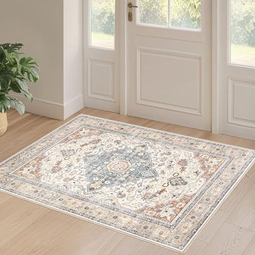 2x3 Rug Small Area Rugs: Washable Boho Neutral Vintage Soft Indoor Floor Oriental Carpet Farmhouse Distressed Low Pile Non Slip Throw Carpet for Kitchen Entryway Bedroom Nursery Entry- Beige Blue