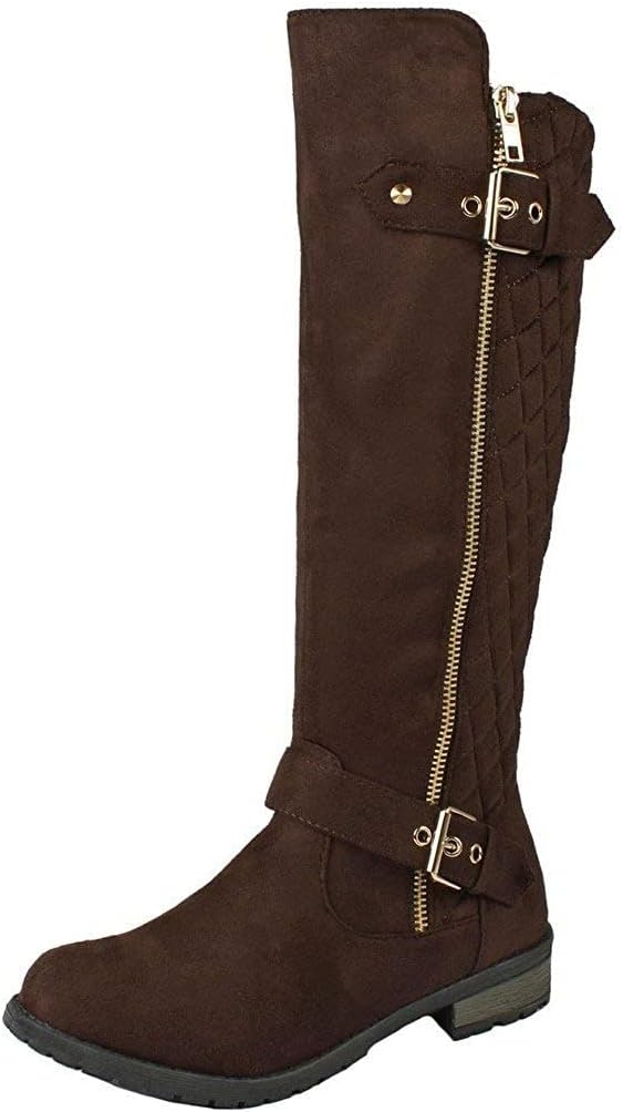 Forever Link MVE Shoes Low Stacked Heel Knee High Riding Boots, Brown Size 6.5