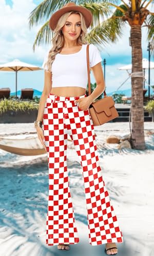 Womens High Waisted Plaid Bell Bottom Jeans Stretch Checkered Flare Denim Pant4