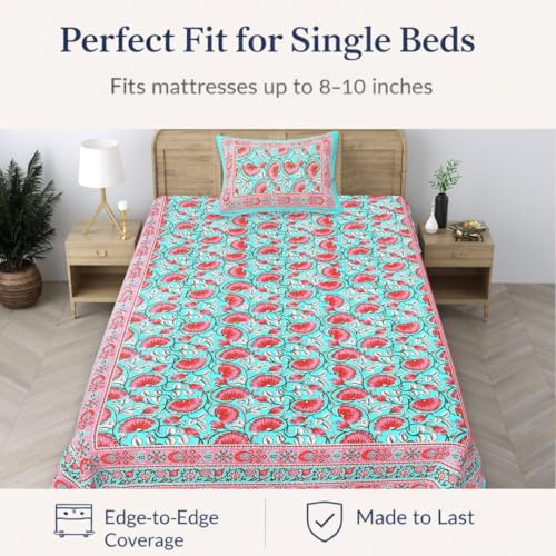 Image of elanorhomes 100% Cotton 240 TC Single Bed Sheet Set | Floral Printed Bedsheet with Pillow Cover | Soft Breathable Fabric for Bedroom | 60x90 Inches (Torquoise Pink Lotus)