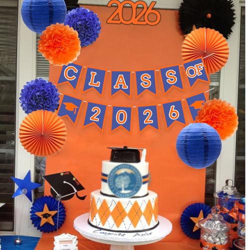 Image of Blue Graduation Orange Party Decoration Class Banner Hanging Pom Poms Flowers High School College Grad Supplies