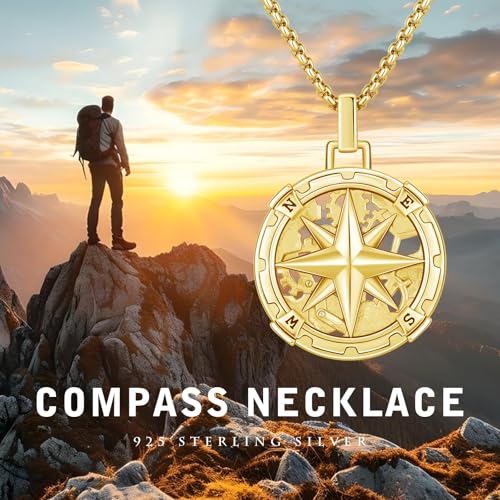 Collier boussole en argent 925 doré et acier avec chaîne réglable
