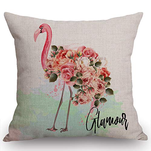 Swono Pink Flamingo And Roses Farmhouse Decor Family Decoration Cotton Linen Home Decorative Throw Pillow Case Cushion Cover With Words For Sofa Couch, 18 X 18 In #TOP24