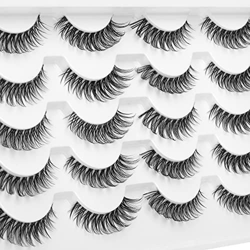 False Lashes Natural Wispy Cat Eye Fake Eyelashes 10 Pairs Clear Band Lightweight Handmade Eye Lash Pack by Goddvenus