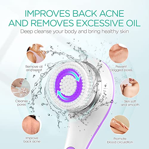 VOYOR Electric Body Brush Back Scrubber Body Exfoliator Shower Brush with Long Handle Rechargeable USB Charging Deep Cleansing Exfoliating Scrubber Soft Silicone Waterproof Bath Brush BC100 (Purple) - Image 4