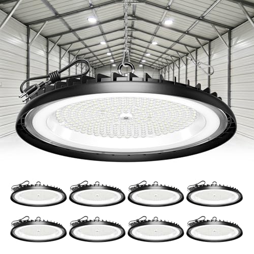 New Super Bright Ultra-Thin 200w High Bay Led Shop Lights| 30000LM 5000K UFO Led High Bay Light with 5ft Cable Hook Safe Rope| Shop&Garage Lighting Lights for Factory Workshop Warehouse Garage Barn