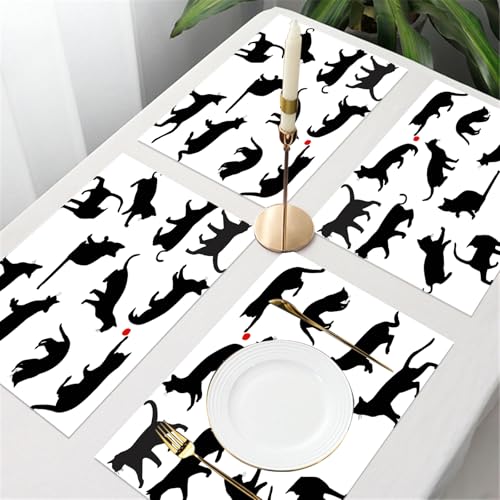 UREJD 4 Unità - 45x30 cm - Tovaglietta Lavabile,Resistente al Calore,Antiscivolo,Antimacchia per Tavolo della Cucina e Sala - Gatto, silhouette di gattino in diverse pose che gioca con la palla rossa