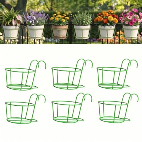 Image of Anti Rust Metal Hanging Planters for Balcony | Round Flowerpot Holder | Railing Planters, Fence Garden Flowerpot, Gamla, Flower Pots for Home and Garden (Green - Pack of 6)