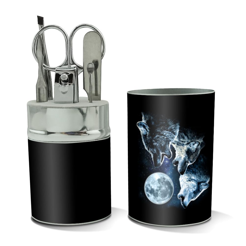 GRAPHICS & MORE Howling at the Moon Wolf Pack Stainless Steel Manicure Pedicure Grooming Beauty Care Travel Kit