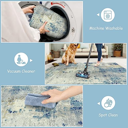 Lahome Modern Abstract Round Rug 4Ft, Blue Washable Front Door Mat Soft 4x4 Circle Rug for Entryway Bedroom Non Slip, Contemporary Indoor Floor Carpet for Living Room Sofa Bedroom Nursery Decor