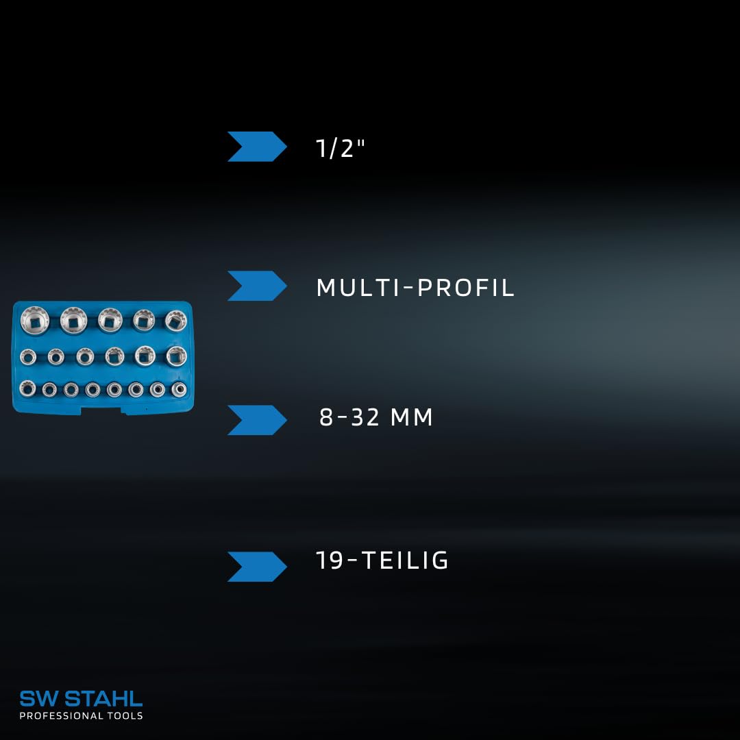 SW-Stahl 05650L Zestaw Nasadek 1/2 Cala, Klucze Nasadowe, 19 Elementów | Wielofunkcyjne wkładki kluczy nasadowych 12,5 mm, profesjonalny zestaw narzędzi warsztatowych w wytrzymałym opakowaniu