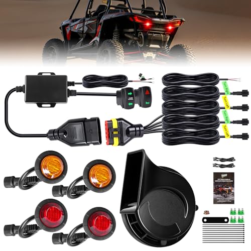 Image of UTV Turn Signal Kit, Pre-Wired, Plug and Play Universal Street Legal UTV Blinker Kits with Rocker Switch, Hazard Light, 110dB Horn, Compatible with Polaris, Can-Am - 4Pods Amber Red Lights