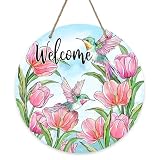 Bolisom Welcome Spring Summer Tulip Flowers Front Door Sign, Hummingbird Pink Floral Wood Door Hanger Outdoor Outside Porch Decor, Seasonal Wooden Wreath Indoor Wall Hanging Decoration