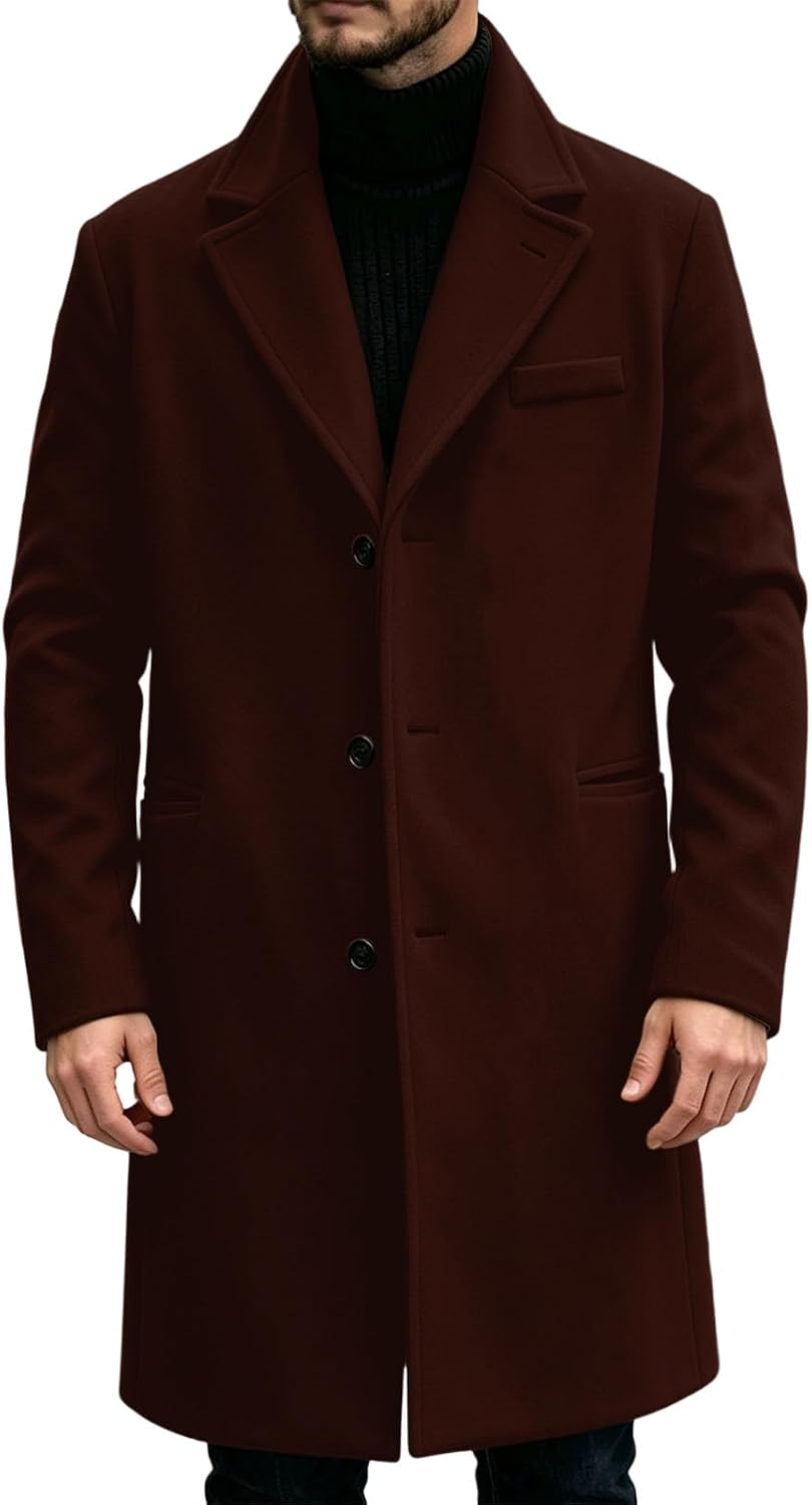 Men's Stand Collar Overcoat Button Front Business Long Sleeve Coat