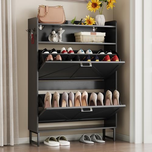 Image of BORNOON Shoe Cabinet with 2 Flip Drawers Narrow Shoe Storage Cabinet Organizer Wooden Freestanding Rack Hidden Slim Storage for Entryway, Hallway, Living Room, Bedroom