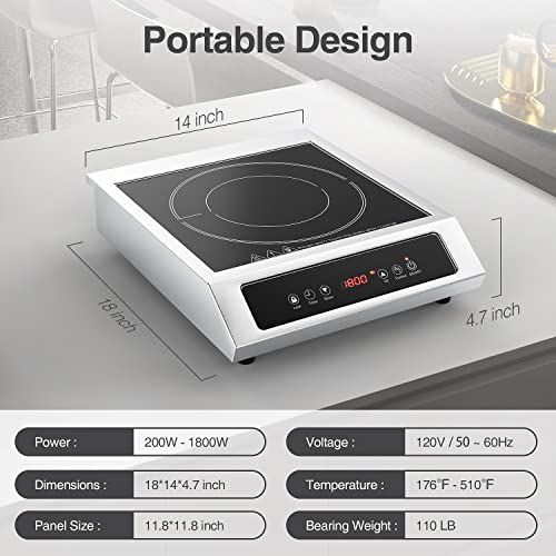 Portable Induction Cooktop, Countertop Burner Induction Hot Plate Electric For Cooking 1800W, 9 Temp Levels, 3 Hours Timer, Auto-Shut-Off, Touch Panel, Led Display, Auto Pot Detection, Child Safety Lock #TOP5