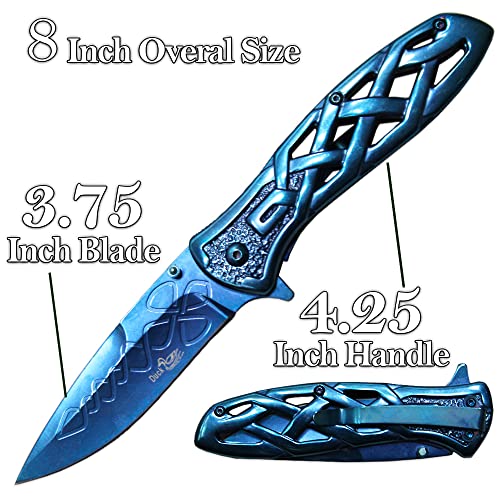 Rtek 4.25" Metal Handle Celtic Ring Folding Knife With Belt Clip, Designed Etched Blade, Heavy Duty Traditional Folding Knife For Outdoor, Survival, Edc, Camping, And Everyday Carry, Gifts For Men (Blue) #TOP1