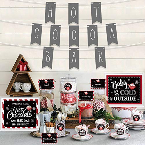Hot Cocoa Bar Kit Hot Cocoa Bar Banner Hot Chocolate Bar Sign Toppings Labels Tent Cards Cup Tags Stickers Party Supplies for Winter Birthday New Year Christmas Party Baby Its Cold Outside Decorations